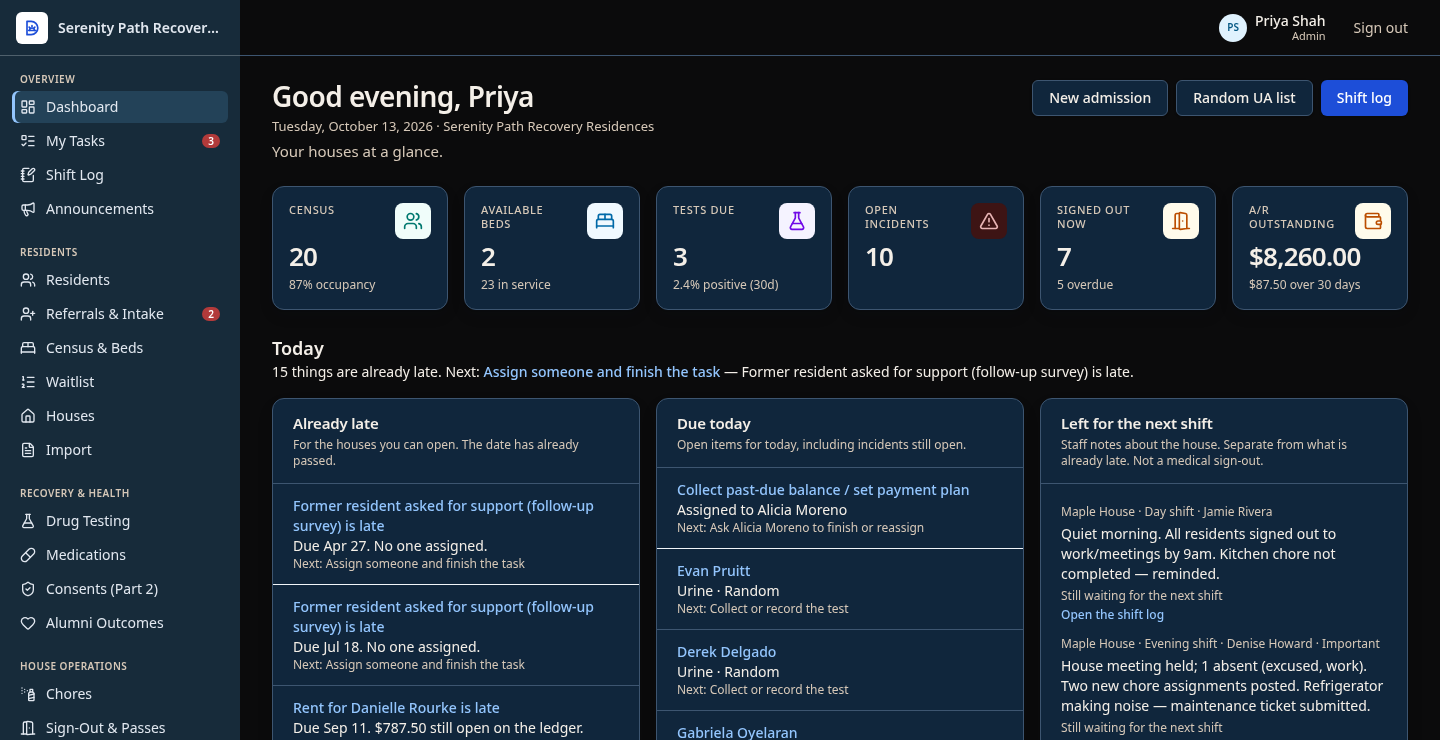 The same fictional Serenity Path dashboard in dark mode, signed in as sample staff Priya Shah.