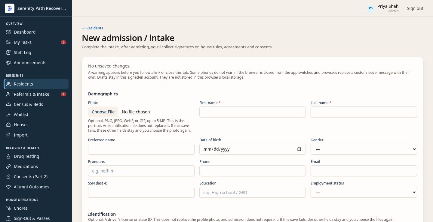 Empty new-admission form for fictional Serenity Path, with demographics and a place to choose a house and bed. No resident has been entered. Not a clinical EHR.